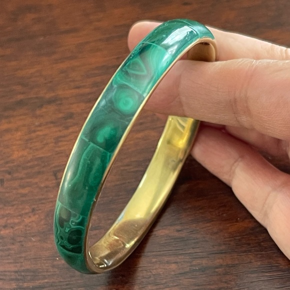 Vintage Jewelry - Natural malachite golden brass bangle bracelet